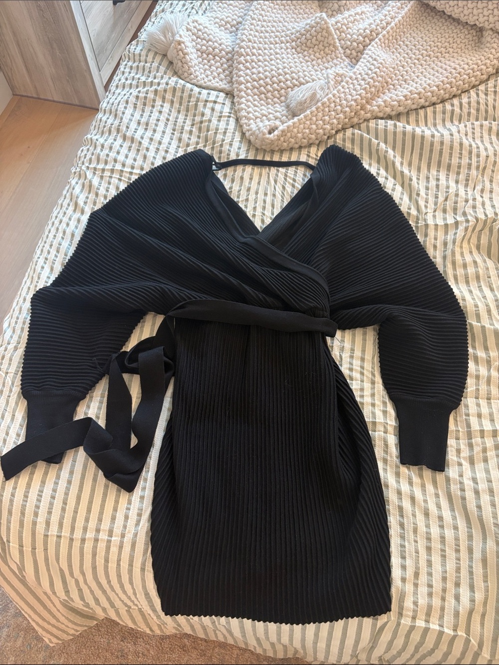 Black Ribbed Wrap Dress with Self-Tie Belt